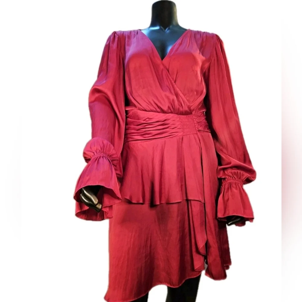 Ramy Brook Roman Size 8 True Red Long Sleeve Satin Ruffle Mini Cocktail Dress - Picture 2 of 6
